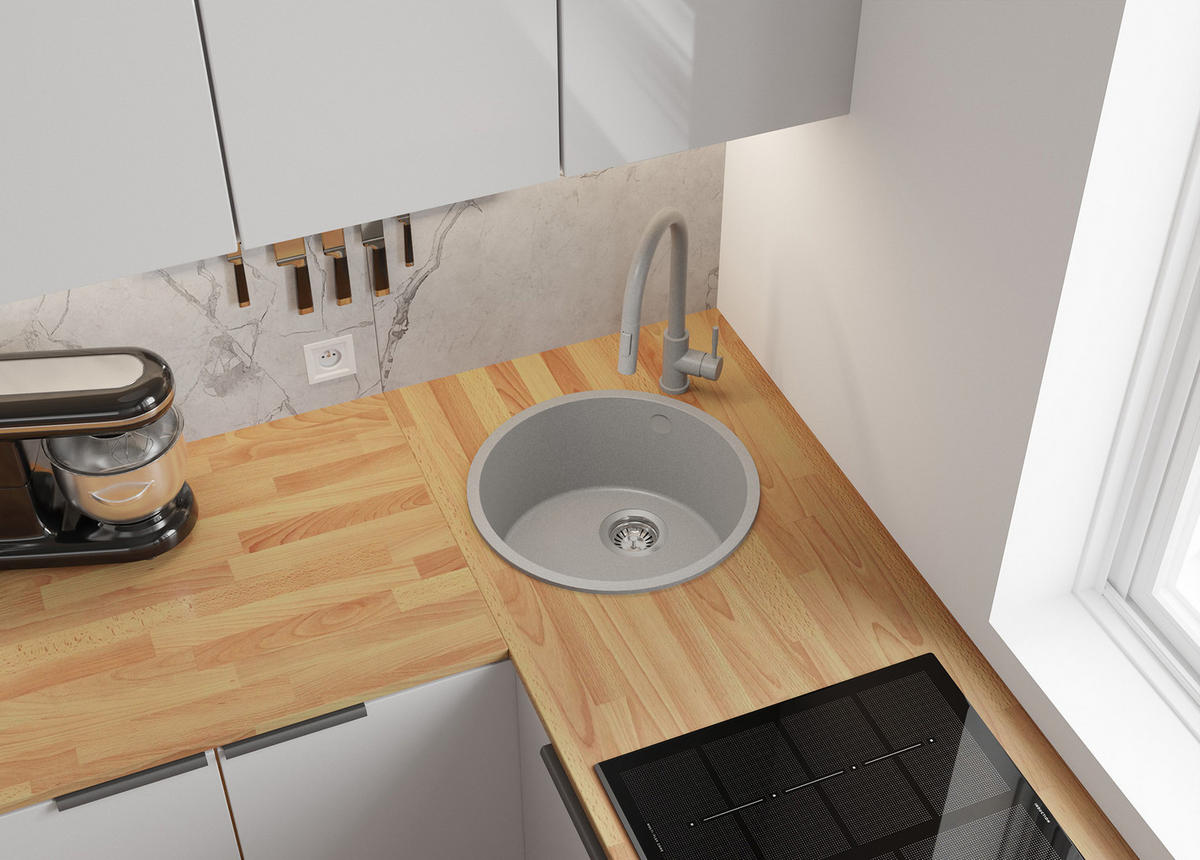 SPÜLBECKEN RUND Valletta Slim, 2-er set Grau 46/46 cm 1 Becken + Ablauf-Set ab 50er Unterschrank - Chromfarben/Grau, Kunststoff (46/20/46cm) - Primagran