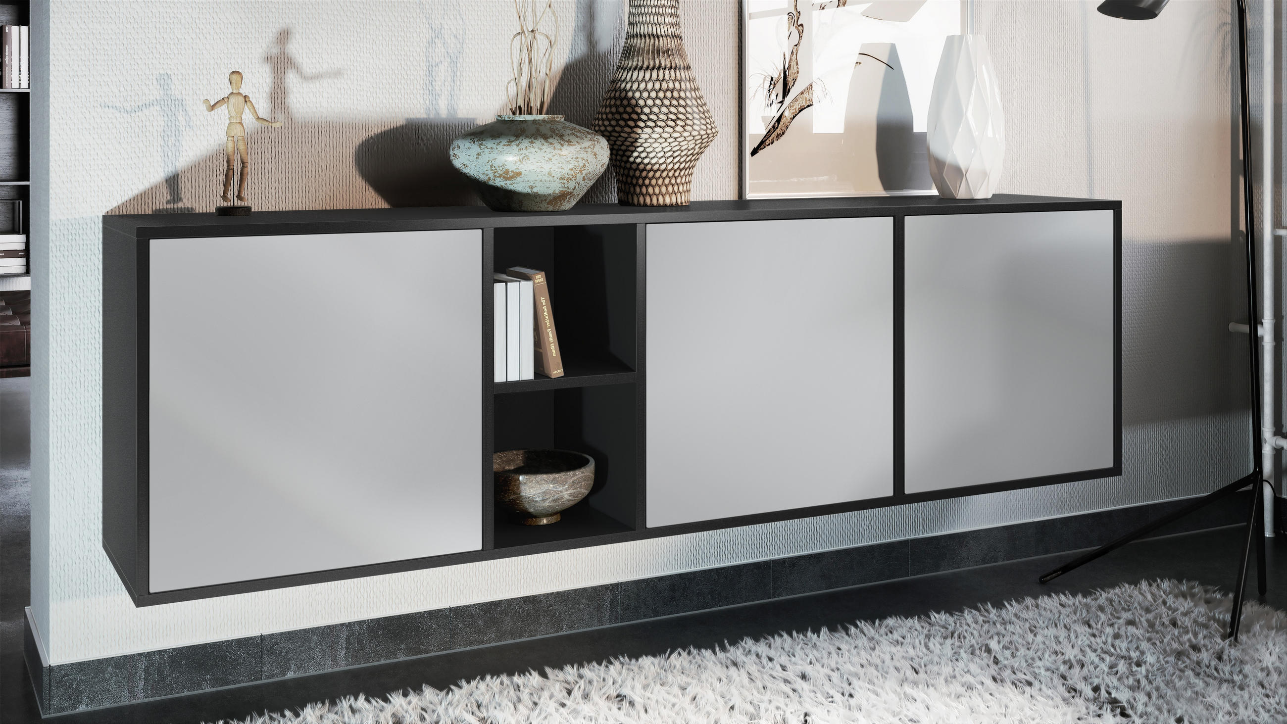 SIDEBOARD Cuba Türen in Hellgrau seidenmatt - Greige, Holzwerkstoff (182/53/35cm) - Vladon