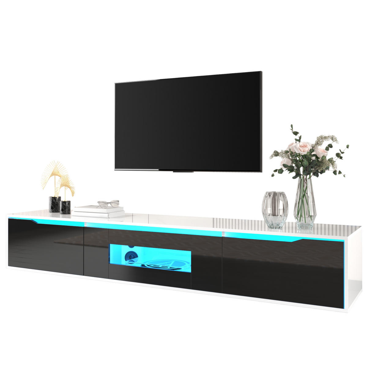 TV-ELEMENT180CM Schwarz Weiß Hochglanz mit 16FarbenLED Rillendesign - Weiß, Holz (46/17/142cm) - Raelunyi