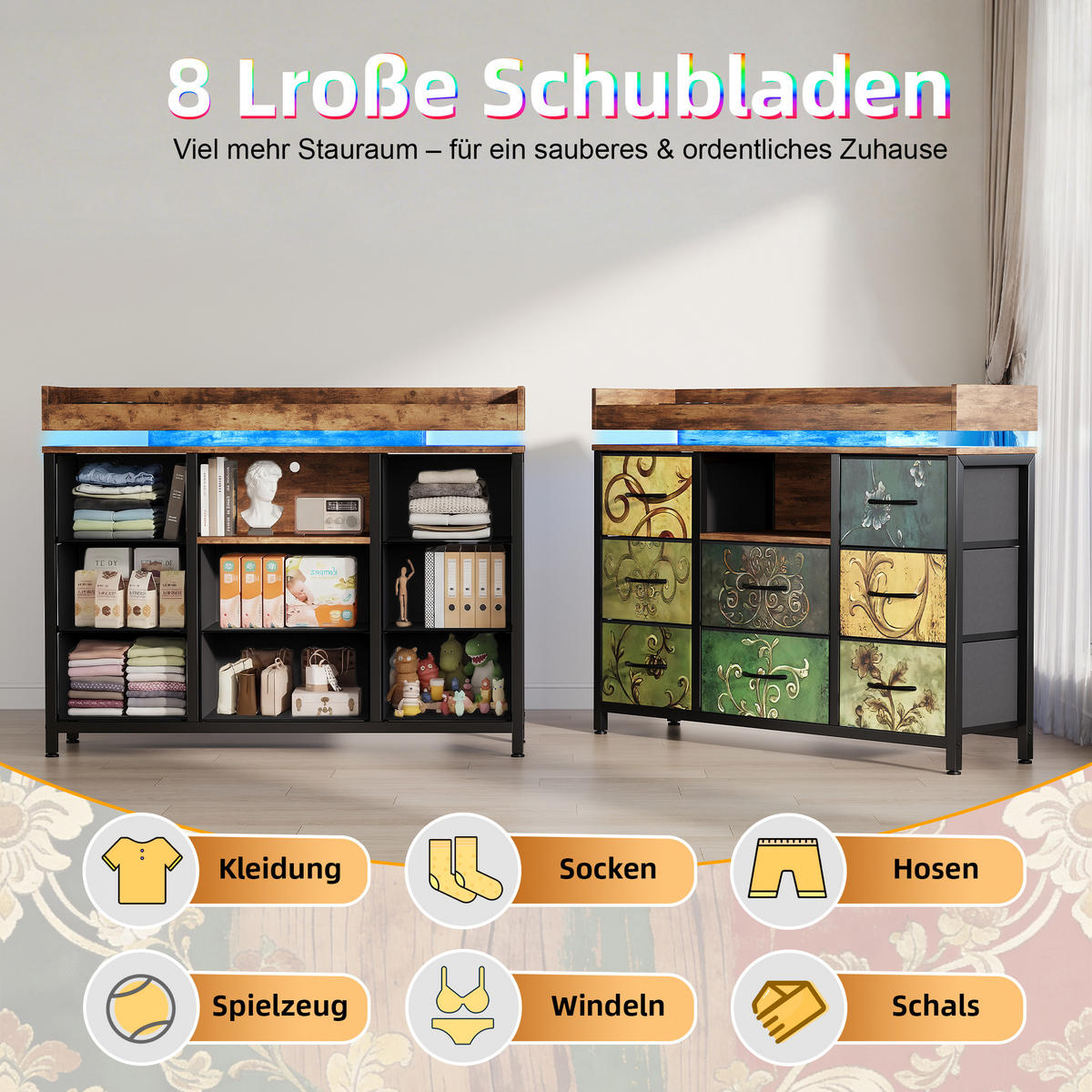 KOMMODE 8 Stoffschubladen, LED, Steckdose, stabil, Stahlrahmen, Anti-Kipp, multicolor - Multicolor, Textil (108/82/30cm) - EuroLiving