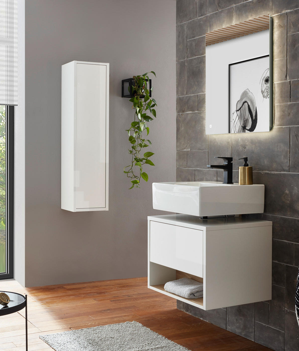 BADMÖBEL-SET 2-teilig weiß Hochglanz, Eiche mit LED Beleuchtung 60 cm Glide - Weiß Hochglanz/Eichefarben, Glas/Holzwerkstoff (60/190/46cm) - Furn.Design