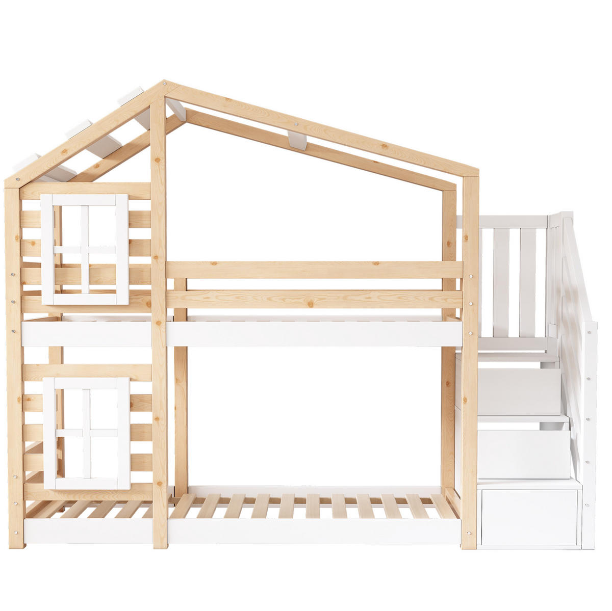 ETAGENBETT Baumhaus 90/200 cm mit Stauraum, Rausfallschutz und Treppenschrank - Naturfarben, Holzwerkstoff (90/200cm) - BEAOK