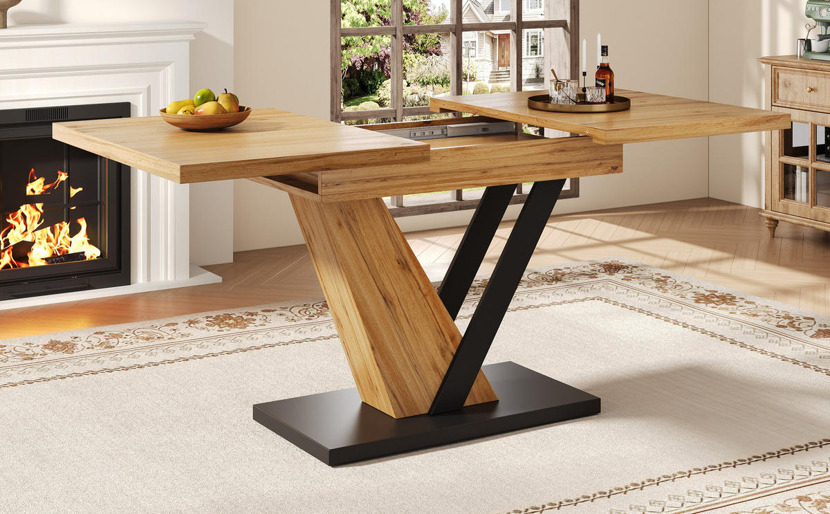 ESSTISCH 120-160x75x76 cm in Natur und Schwarz aus MDF mit Holzmaserung ausziehbar - Naturfarben, Holzwerkstoff (160/70/75.5cm) - Modfu