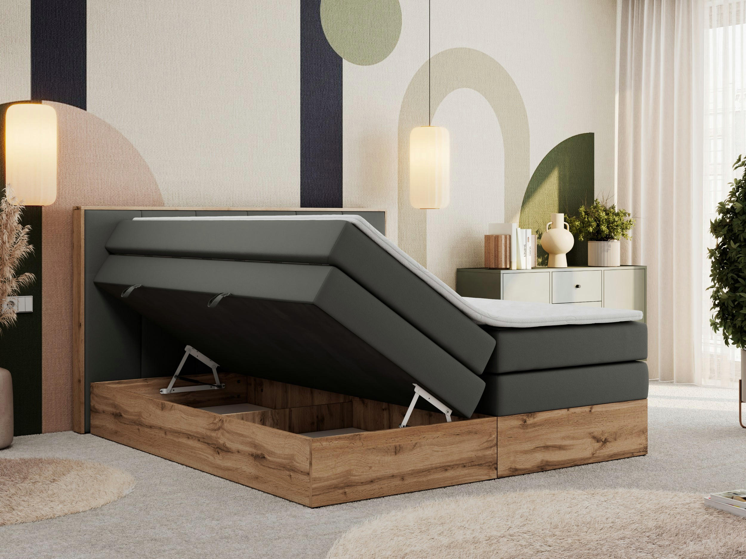 Thumbnail - MKS Boxspringbett, Dunkelgrau, Textil, 2-Sitzer, H4, Rechteckig, 180x200 cm, Oeko-Tex®, Schlafzimmer, Betten, Boxspringb...