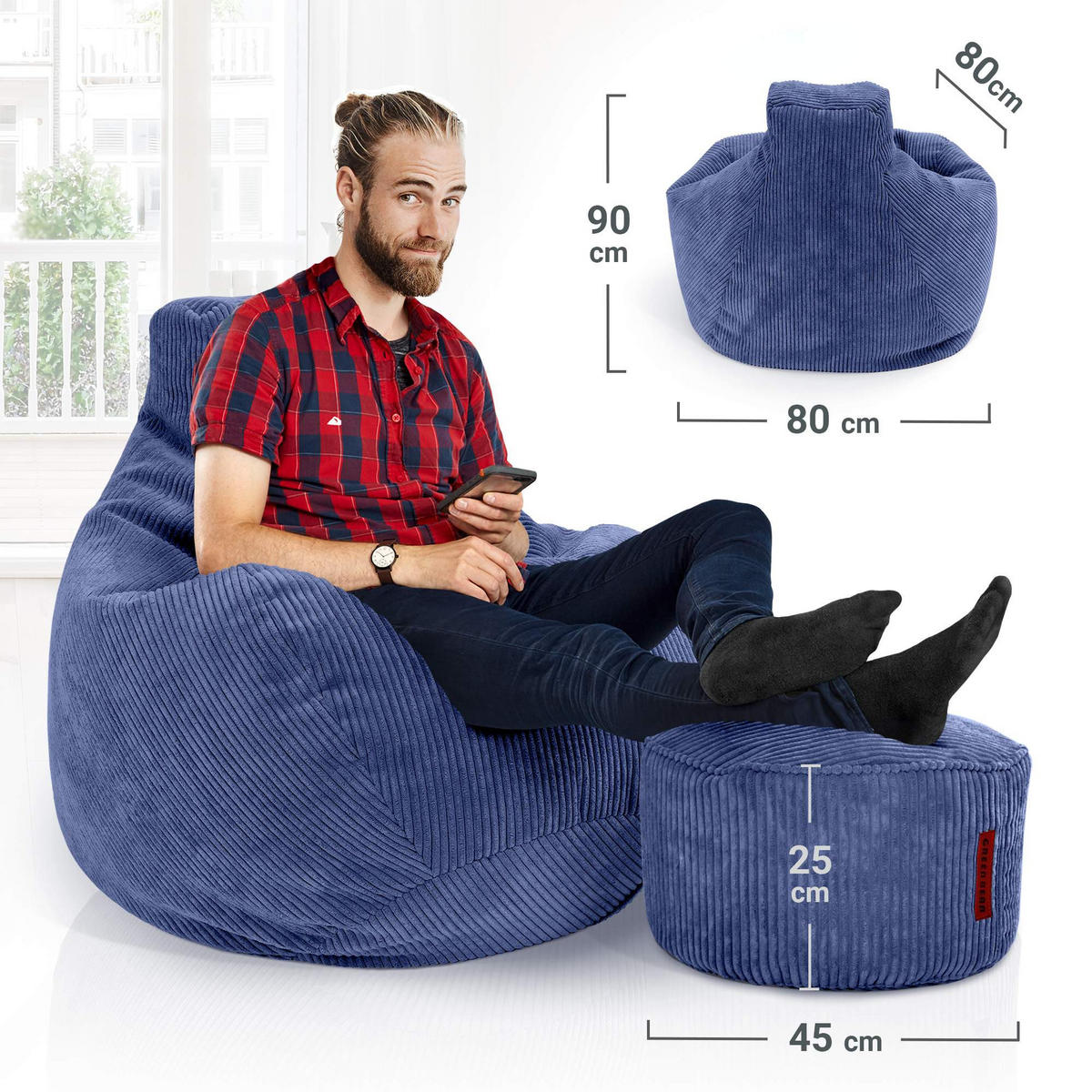 LOUNGE-SITZSACK Cozy + Fußhocker - Dunkelblau, Textil (80/90/90cm) - Green Bean
