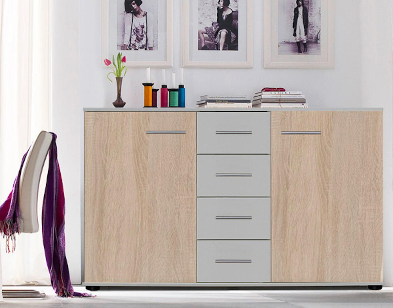 KOMMODE Franziska weiß / Eiche Sägerau 130 / 40,5 / 83cm - Eichefarben/Braun, Holzwerkstoff/Kunststoff (130/83/40.5cm) - Wimex