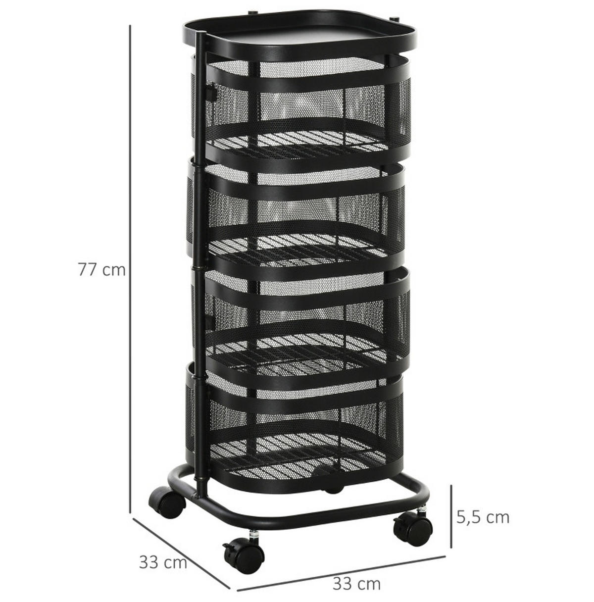 SERVIERWAGEN 33/33/77 cm mit 4 Ebenen, Rollen und oberer Ablage aus Stahl, Schwarz - Schwarz, Metall (33/77/33cm) - Redom
