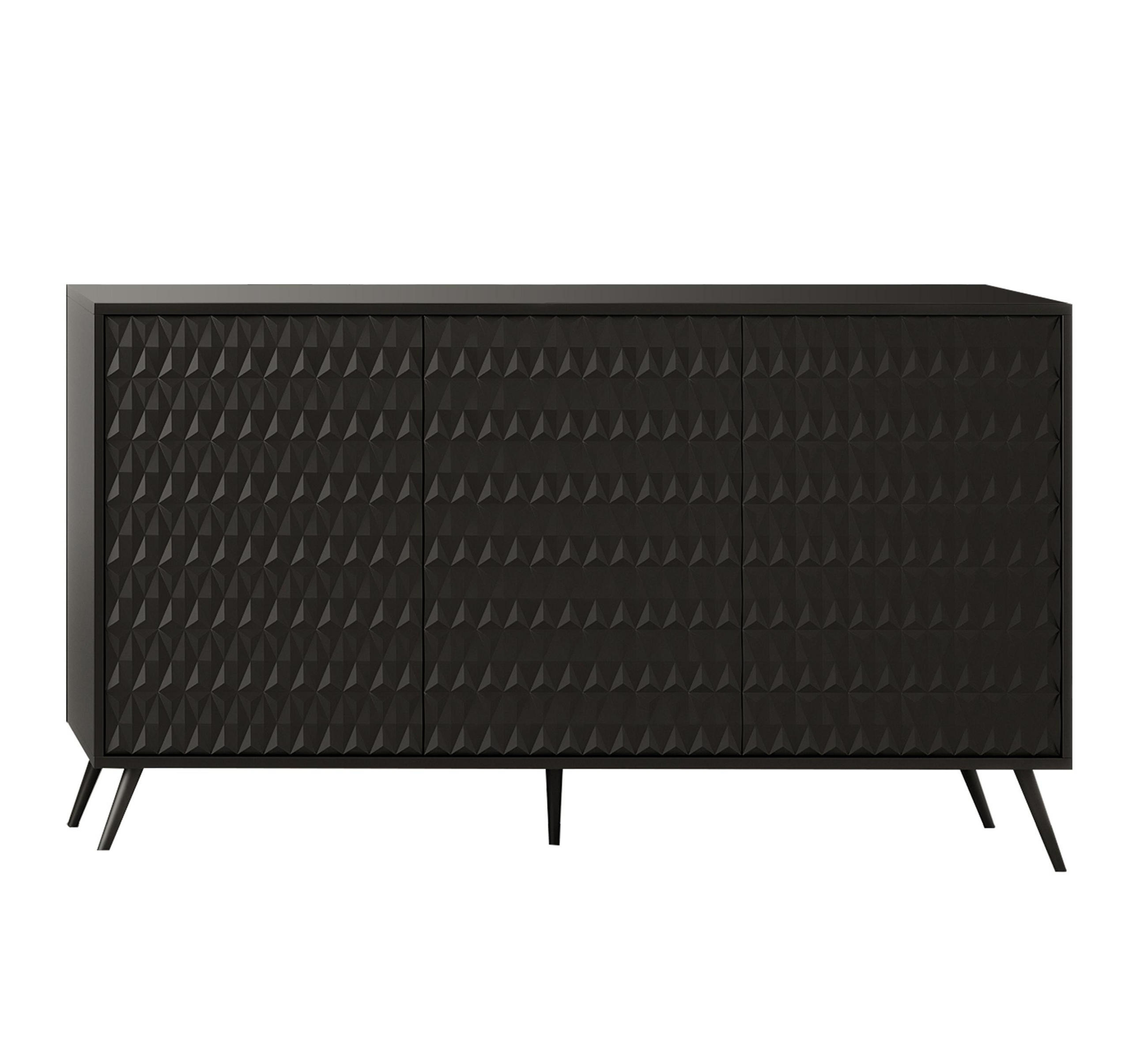 SIDEBOARD Delvine 3T Schwarz 154/78/38 cm – mit schwarzen Beinen und 3 verzierten Türen - Schwarz, Holzwerkstoff (154/78/38cm) - AX Living