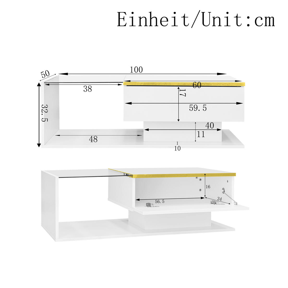 COUCHTISCH 100cm Weiß Hochglanz LED Effekt Glasplatte Beistelltisch - Weiß, Holz (112.98/60.96/14.99cm) - FLIEKS