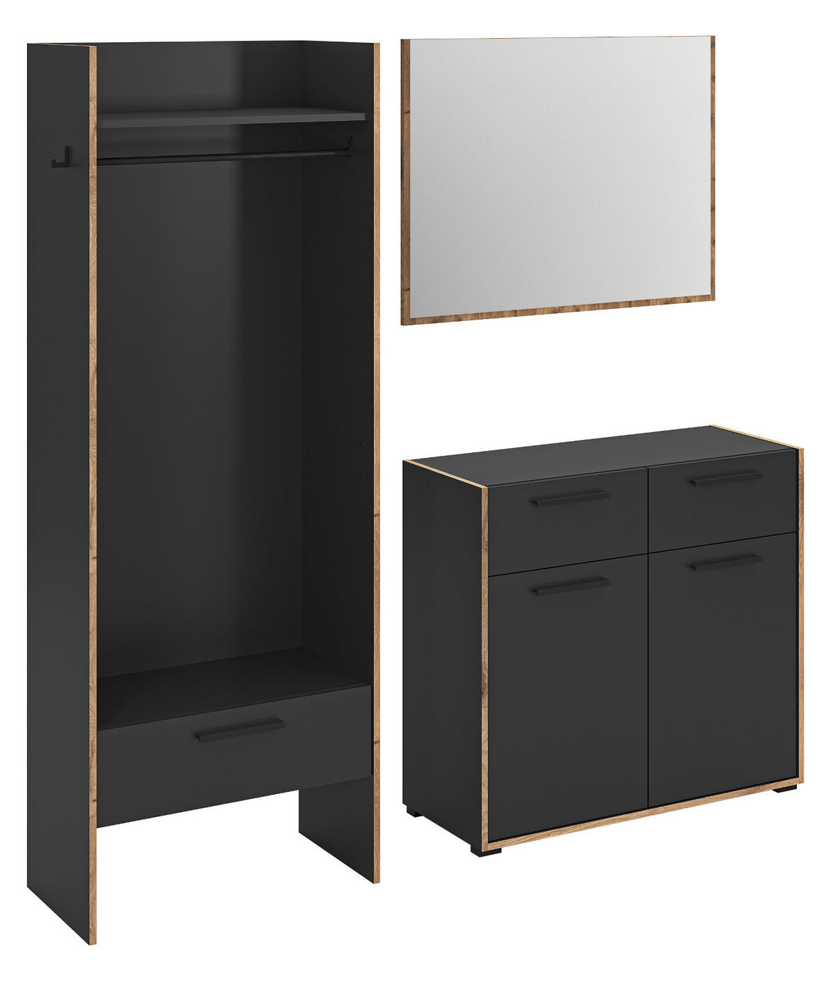 GARDEROBE-SET grau und Nox Eiche, Garderobenkombination 3-teilig, 180 x 189 cm, Salud - Dunkelgrau/Schwarz, Holzwerkstoff/Kunststoff (180/189/37cm) - Inn.Furn