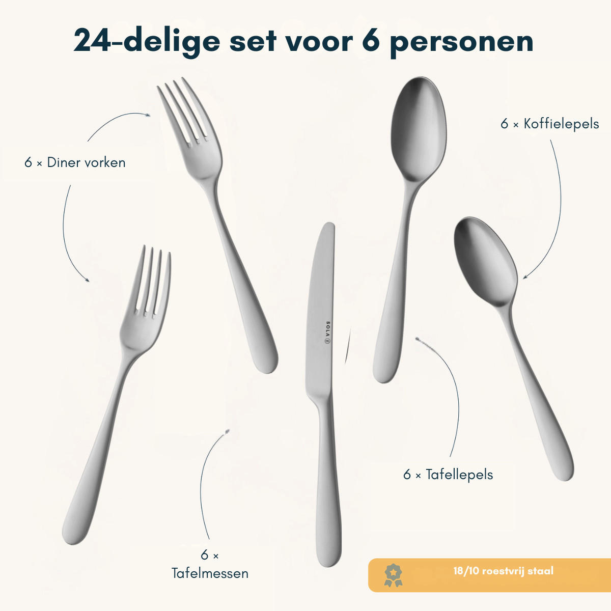 BESTECKSET Nordica MAT - 18/10 Edelstahl - 24-teilig / 6 Personen - Silberfarben, Metall - Sola