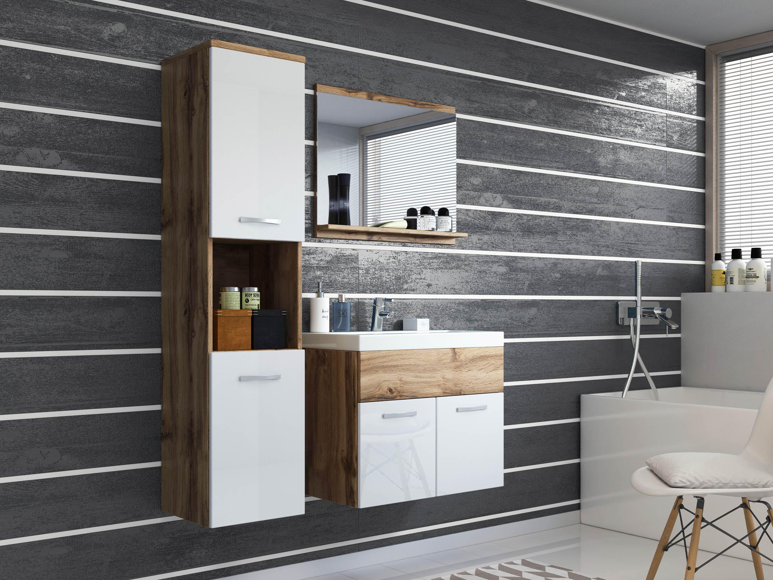 BADMÖBEL-SET Montreal - Weiß Hochglanz/Eiche Wotan, Holzwerkstoff (30/132/30cm) - MIRJAN24