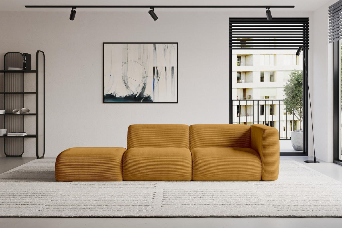 SOFA Ottomane Rechts MIRA-S3 296x89x70 Senfgelb Cord - Currygelb/Schwarz, Holzwerkstoff/Kunststoff (296/70/89cm) - ALTDECOR