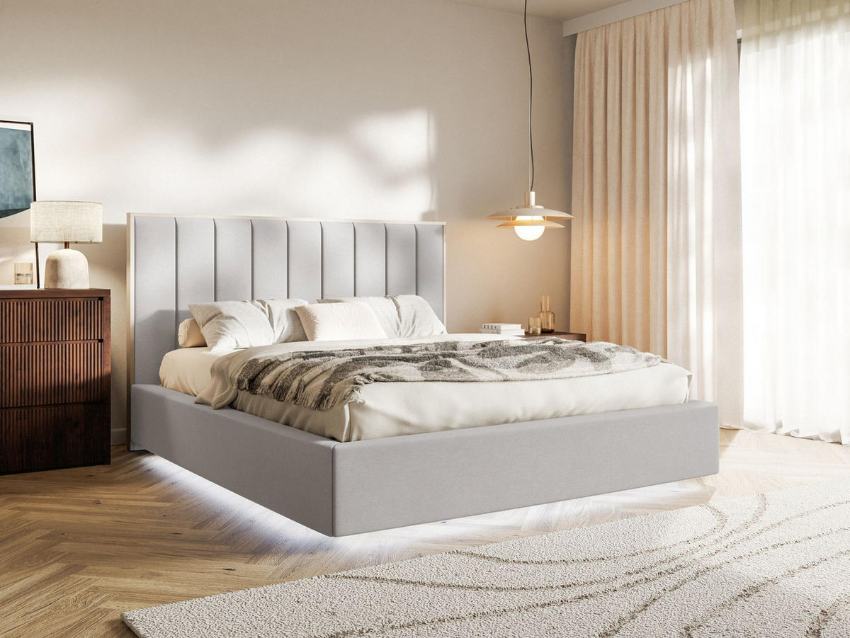 POLSTERBETT Togents Hellgrau mit Veloursbezug und LED, 140x200 cm - Hellgrau, Textil (140/200cm) - Selsey