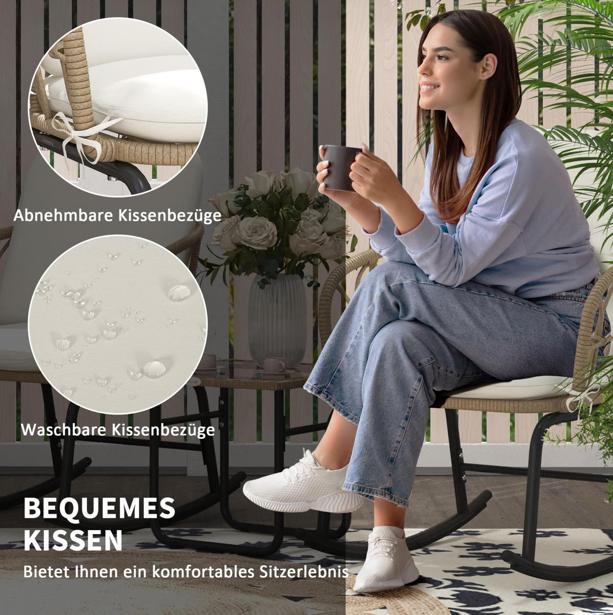 GARTENMÖBEL-SET 82/63/75 cm mit Schaukelstühlen, Tisch und PE-Rattan, Gelb - Beige, Metall - Redom