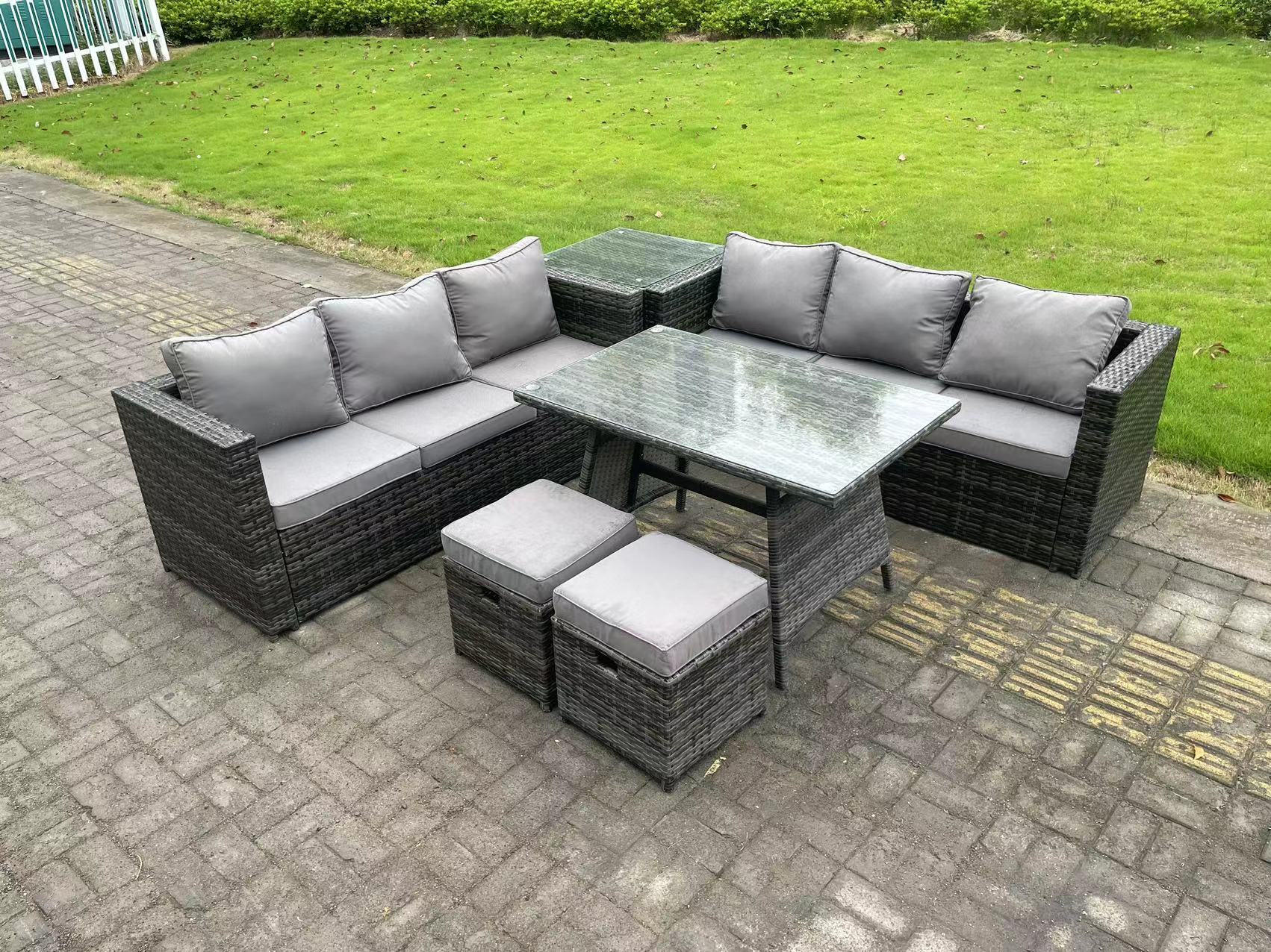 GARTENMÖBELSET mit Hocker Esstisch 8-Sitzer Grau - Dunkelgrau/Grau, Glas/Kunststoff - Fimous
