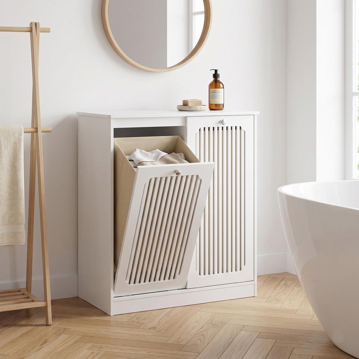 WÄSCHESCHRANK Weiß mit Kippbarer Lamellenfront & 2 Stofffächern - Weiß, Holzwerkstoff (66/76/35cm) - Urban Meuble