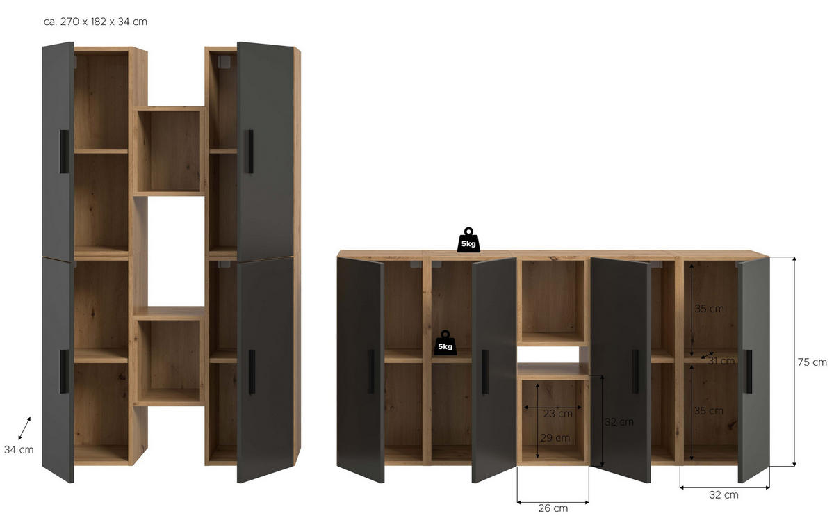 WOHNKOMBINATION THE ONE (B/H/T: ca. 270/182/34 cm) in Artisan Oak Nachbildung/Basalt grau - Eiche Artisan, Holzwerkstoff (270/182/34cm)