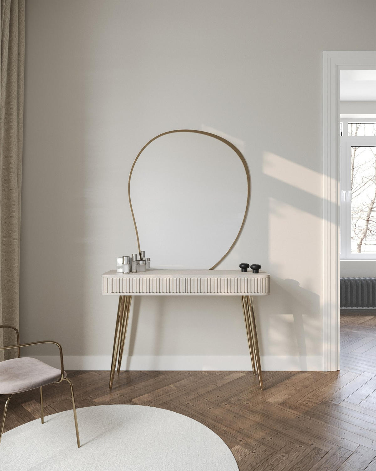 SCHMINKTISCH Ovarlo Greige mit 2 Schubladen 113 cm - Taupe/Goldfarben, Holzwerkstoff/Metall (38/113.2/77.9cm) - Selsey