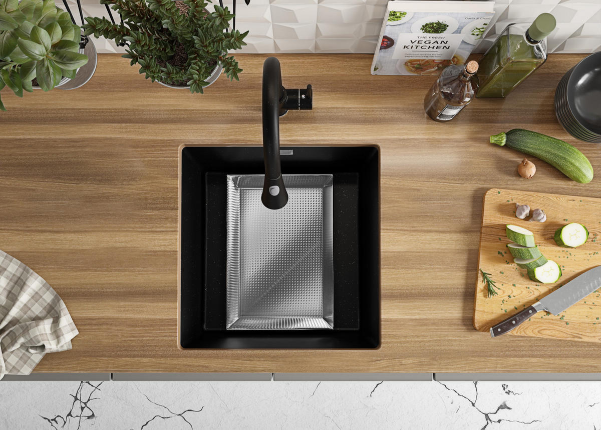 UNTERBAUSPÜLE GRANIT London, 2-er set Schwarz Metallic 46/47 cm 1 Becken + Ablauf-Set ab 50er Unterschrank - Chromfarben/Schwarz Hochglanz, Kunststoff (46/20/47cm) - Primagran