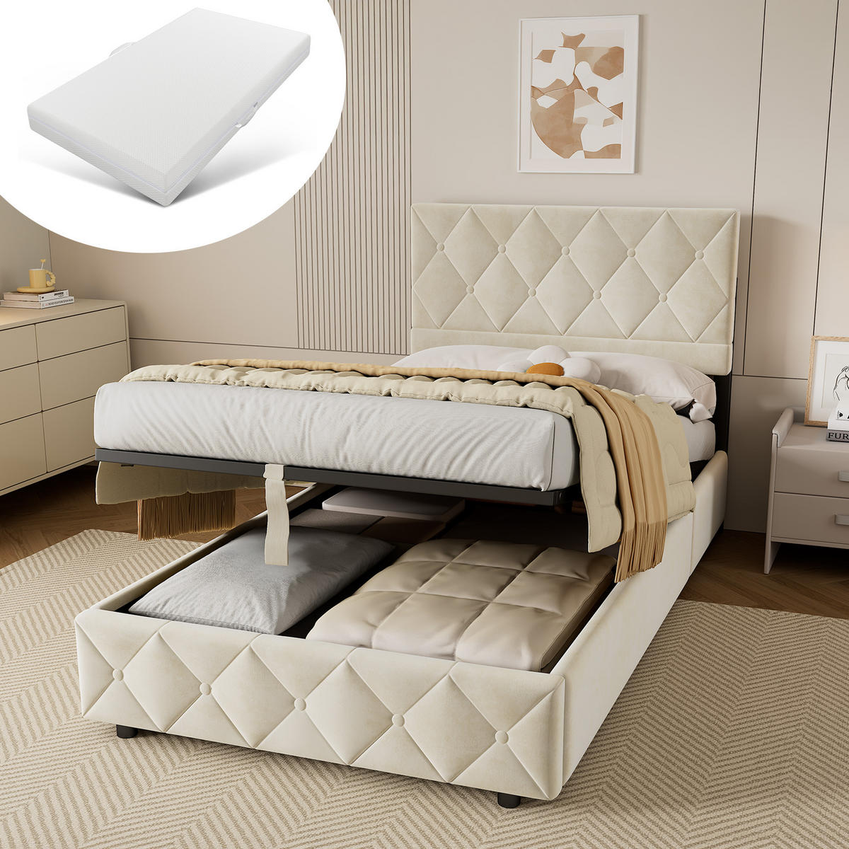 POLSTERBETT 90/200 cm mit Matratze und Bettkasten in Beige aus Samtstoff Bettgestell mit Metallrahmen - Beige, Holzwerkstoff/Textil (90/200cm) - STILVORA