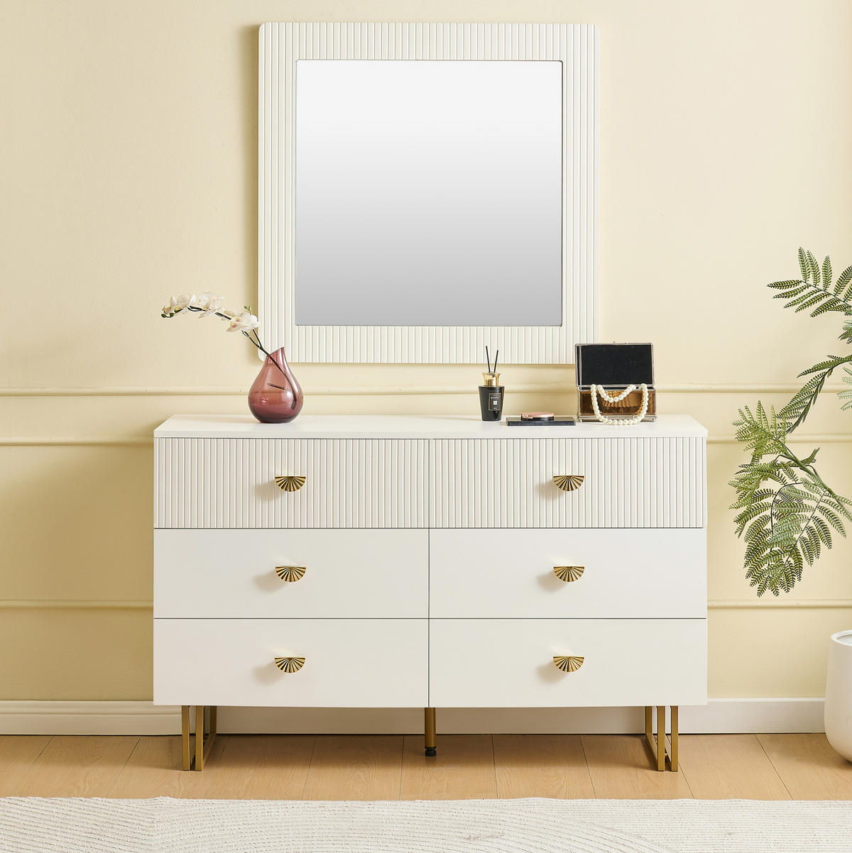 SIDEBOARD-SET mit Spiegel 120/40/75 cm in Weiß mit 6 Schubladen - Weiß, Holzwerkstoff (120/40/75cm) - BEAOK
