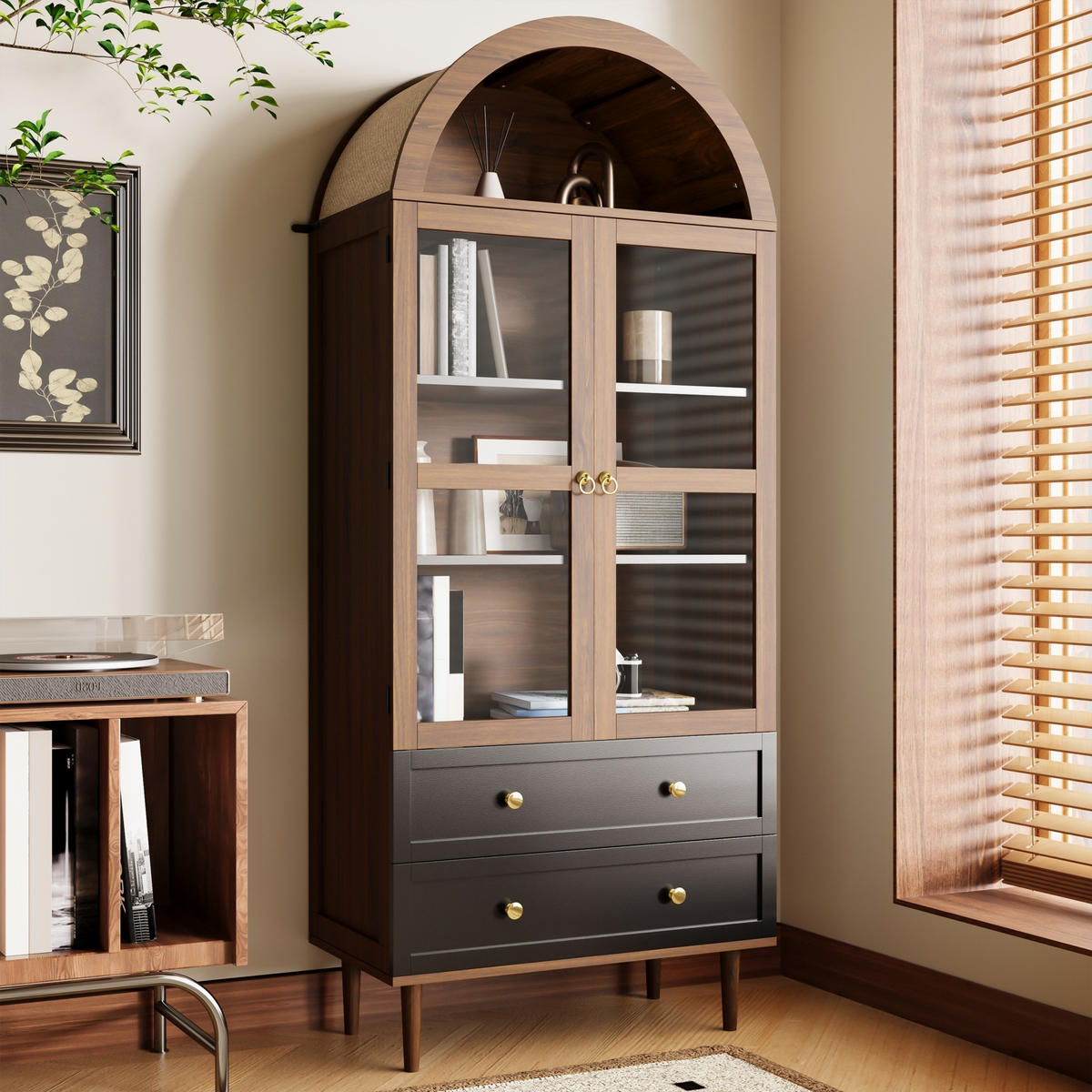 HIGHBOARD in Walnussfarben Bücherregal mit verstellbaren Einlegeböden für Wohnzimmer und Esszimmer, B70/T38/H168 cm - Nussbaumfarben, Glas/Holzwerkstoff (70/168/38cm) - STILVORA