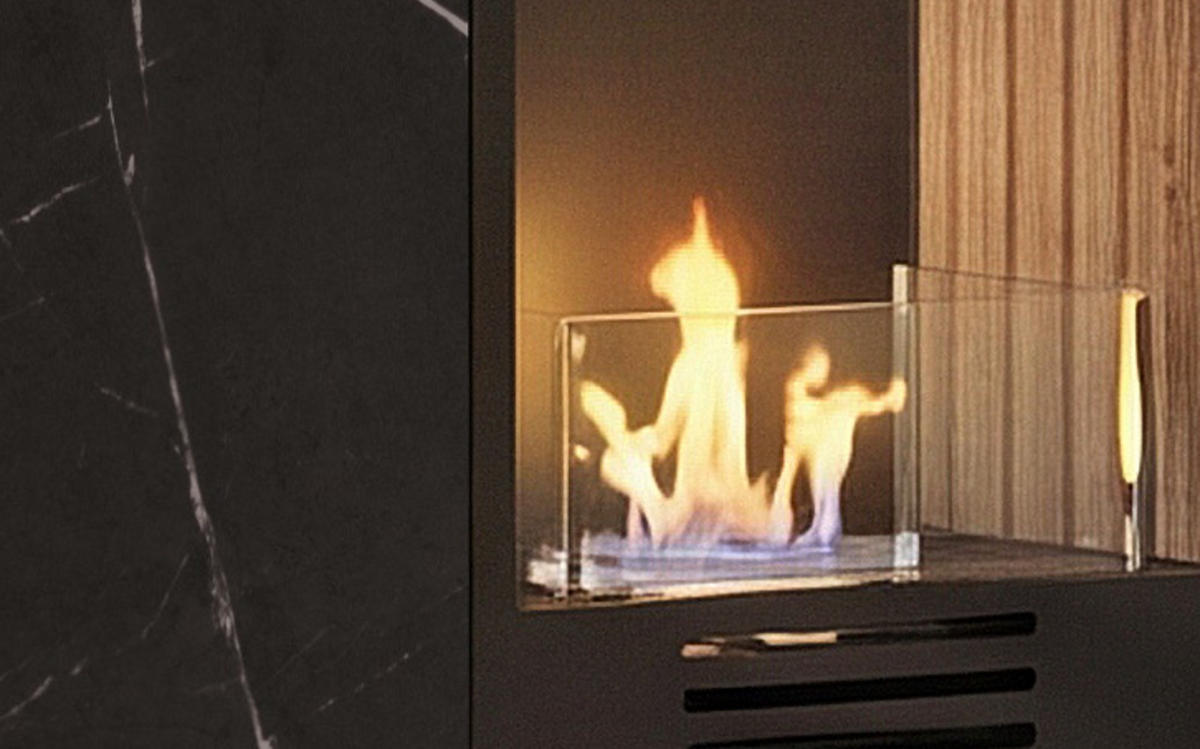 WOHNWAND Eiche, Marmor schwarz 300 cm, Anbauwand inklusive Ethanol Kamin - Eichefarben/Schwarz, Glas/Holzwerkstoff (300/182/45cm) - Inn.Furn