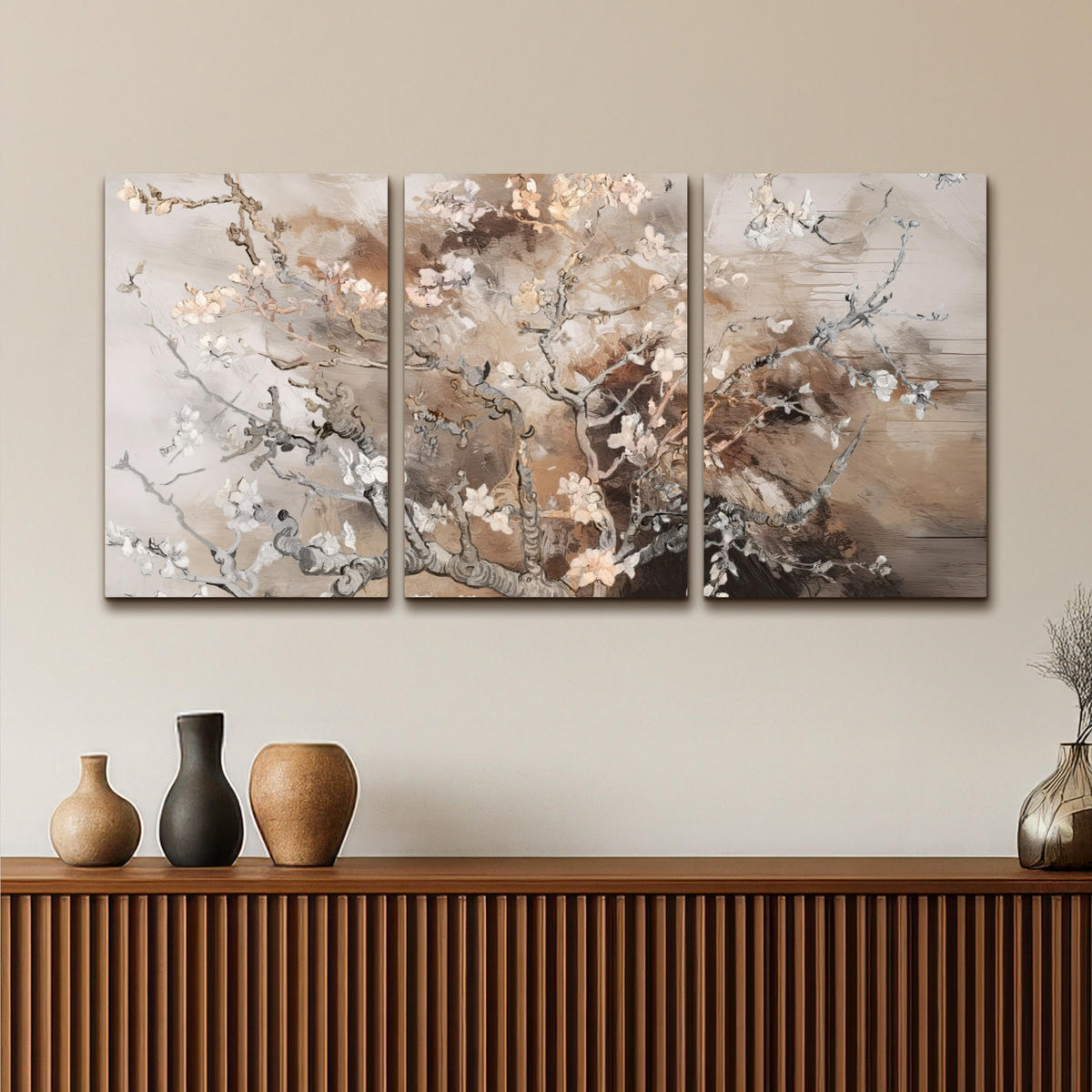 LEINWANDBILD 3er Set Mandelblüte - Abstrakt - Beige 120x60 cm - Beige, Textil (120/60cm) - MuchoWow