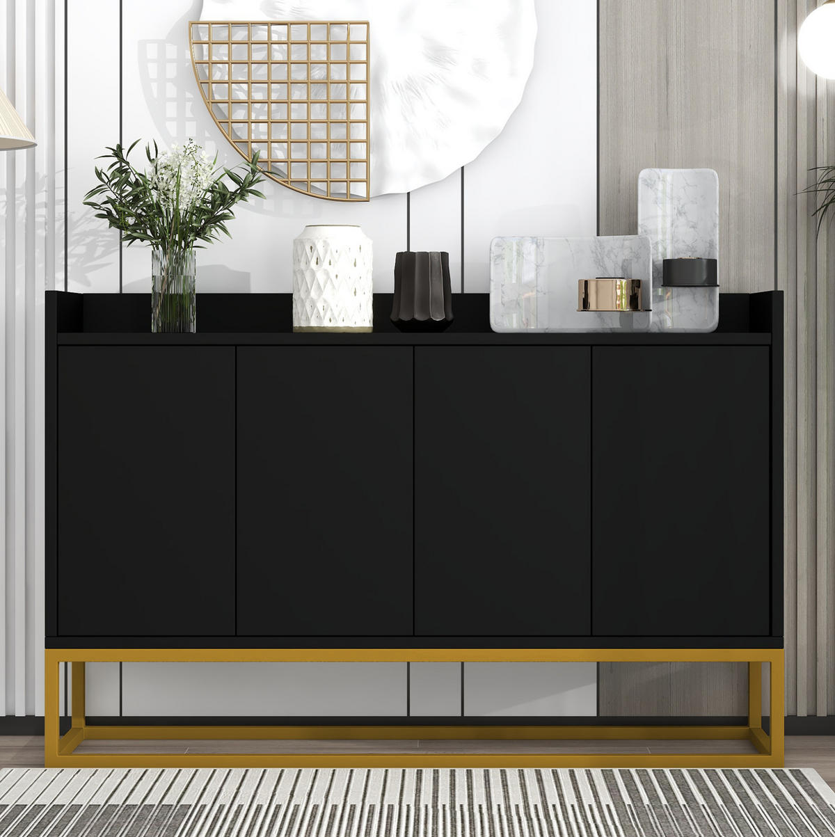 SIDEBOARD aus Spanplatte 120x30x80 cm Schwarz mit 4 Türen, verstellbaren Einlegeböden und Push-to-open - Schwarz, Holzwerkstoff (120/80/30cm) - Modfu