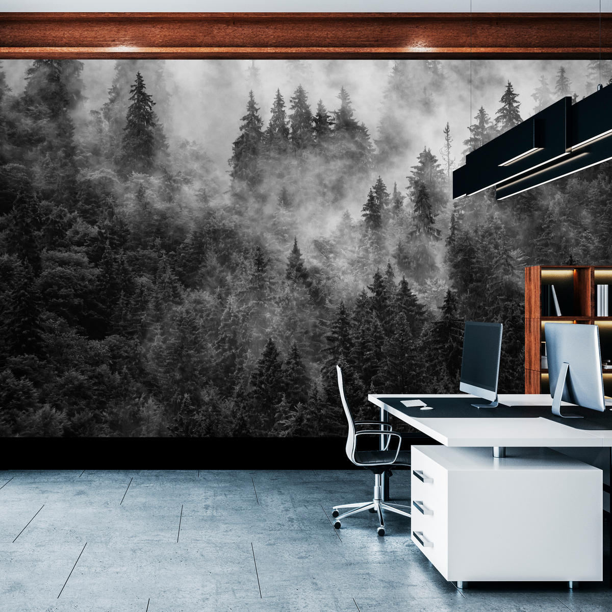 FOTOTAPETE für Wohnzimmer Dichter Nebel Forst Bäume 500x350 - Schwarz/Weiß, Papier (500/350cm) - Muralo