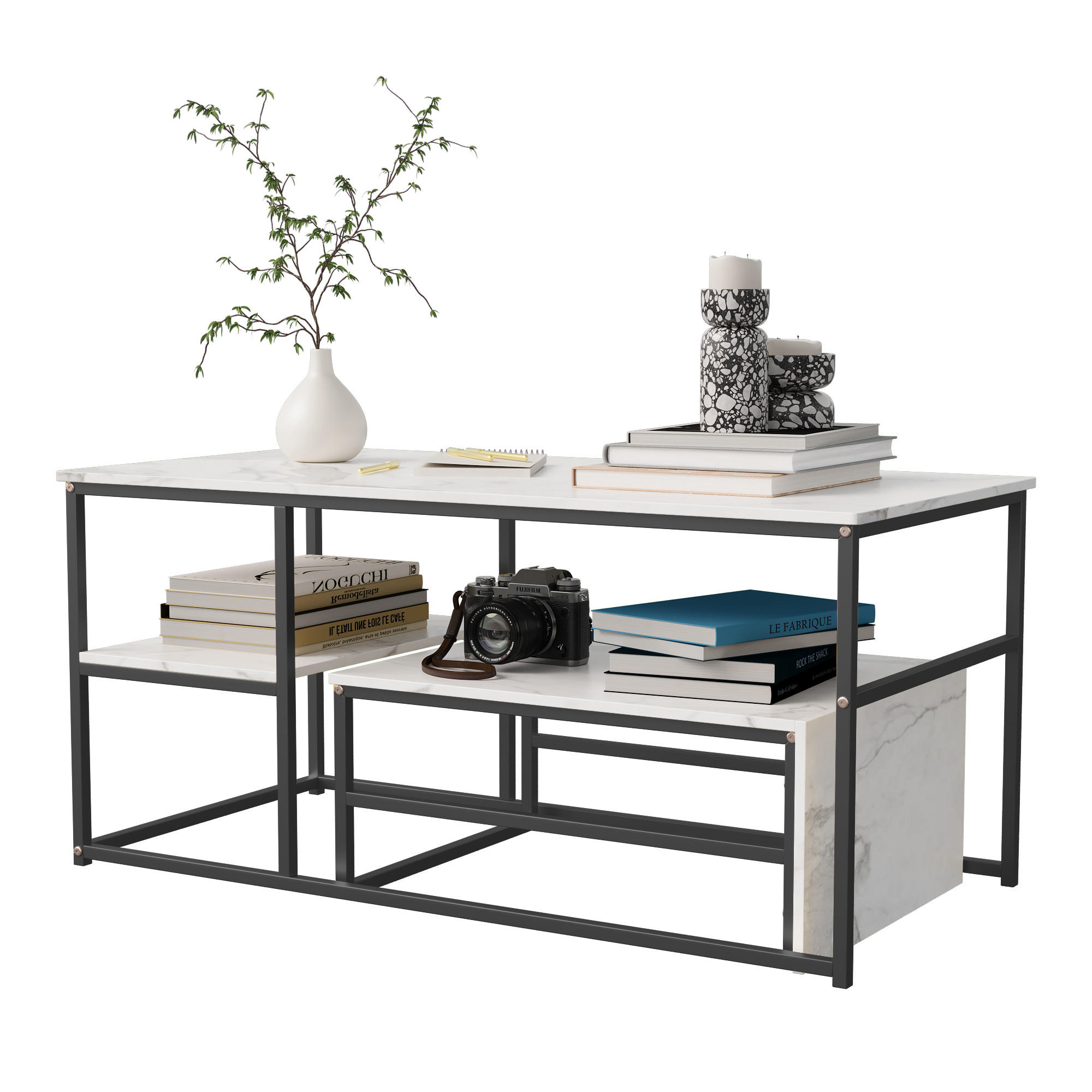COUCHTISCH 2er Set Eckig Schwarz Weiß Stahl - Schwarz, Metall (105/52/48.5cm) - SHOPENTRA