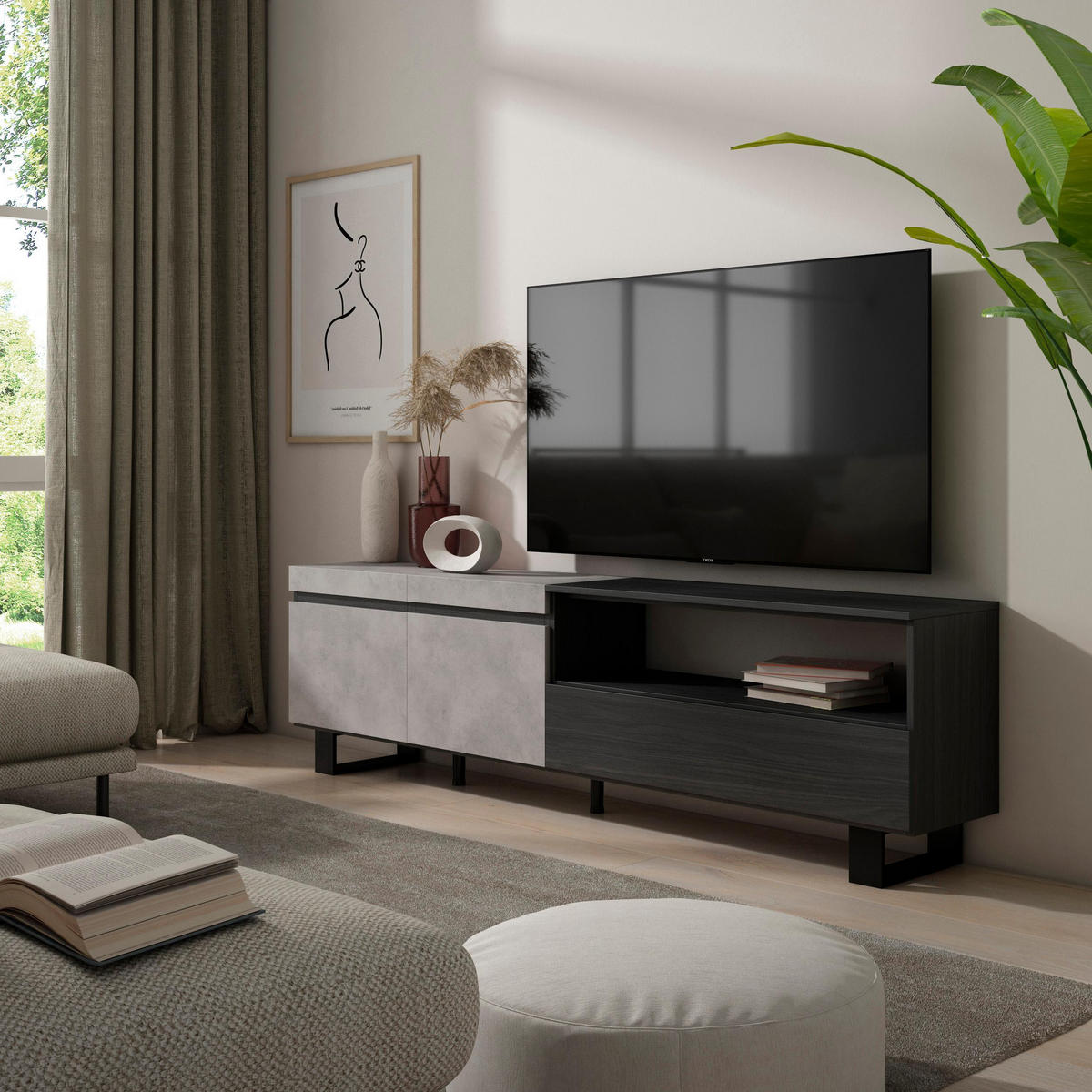 LOWBOARD, zementgrau, 200/35/57cm - Hellgrau/Grau, Holzwerkstoff (200/57/35cm) - Skraut Home