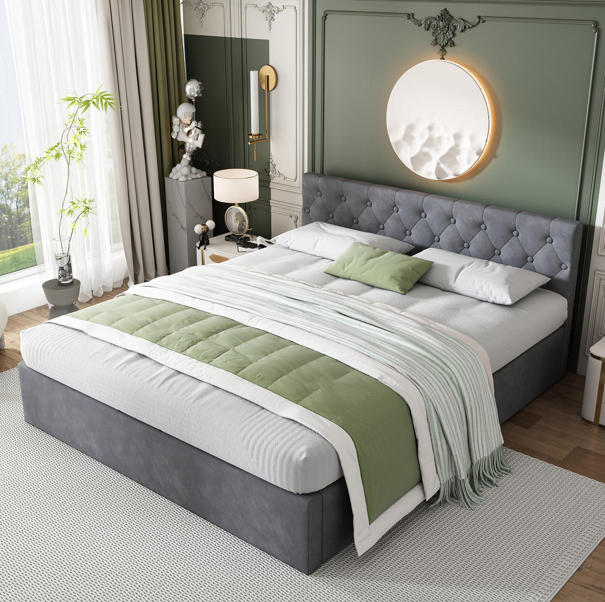 SAMT-POLSTERBETT 140/200 cm mit Bettkasten und gepolstertem Kopfteil - Grau, Textil (140/200cm) - BEAOK