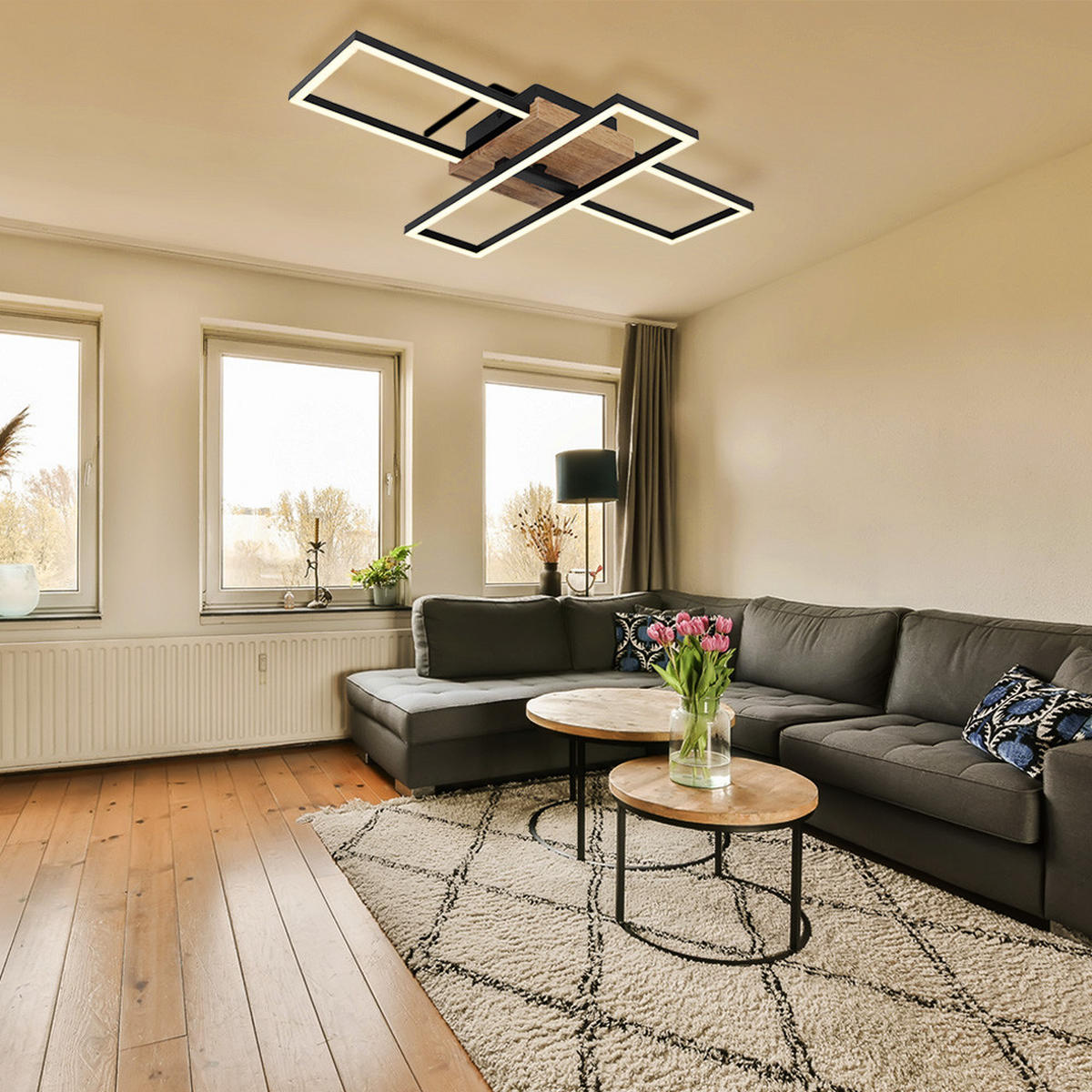 LED DECKENLEUCHTE Kendra Holzoptik Schwarz - Schwarz, Metall (60/15/10cm) - Globo Lighting