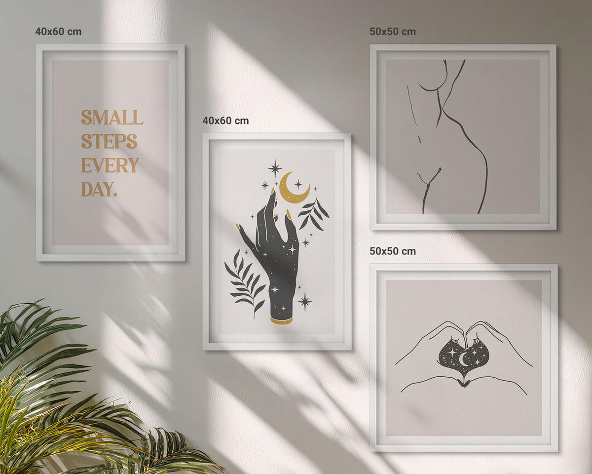 WANDBILDER 4er-Set - 50x50 cm & 40x60 cm Weißer Rahmen - Minimalistische Boho-Illustrationen - Weiß, Kunststoff (50/50cm) - ArtPrintCave