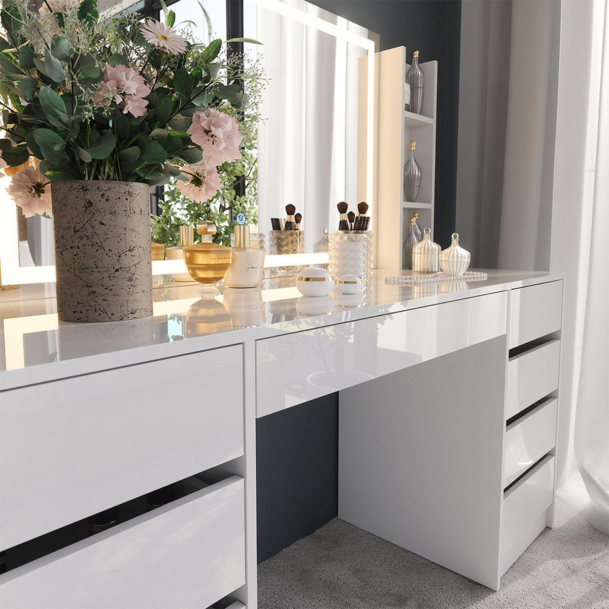 SCHMINKTISCH Sherry Weiß/Weiß Hochglanz 158.2 cm 4 Teile - Weiß Hochglanz, Holzwerkstoff (158.2/76/50.1cm) - Vicco