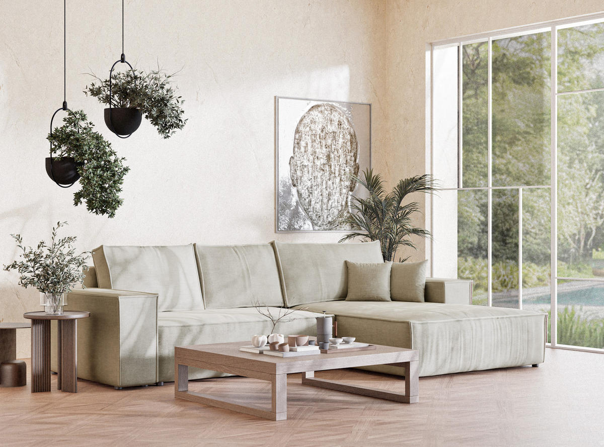 ECKSOFA Maze Beige Chenille-Stoff - Rechts Seite - Beige/Schwarz, Holz/Holzwerkstoff (294/185cm) - Maison de Reve