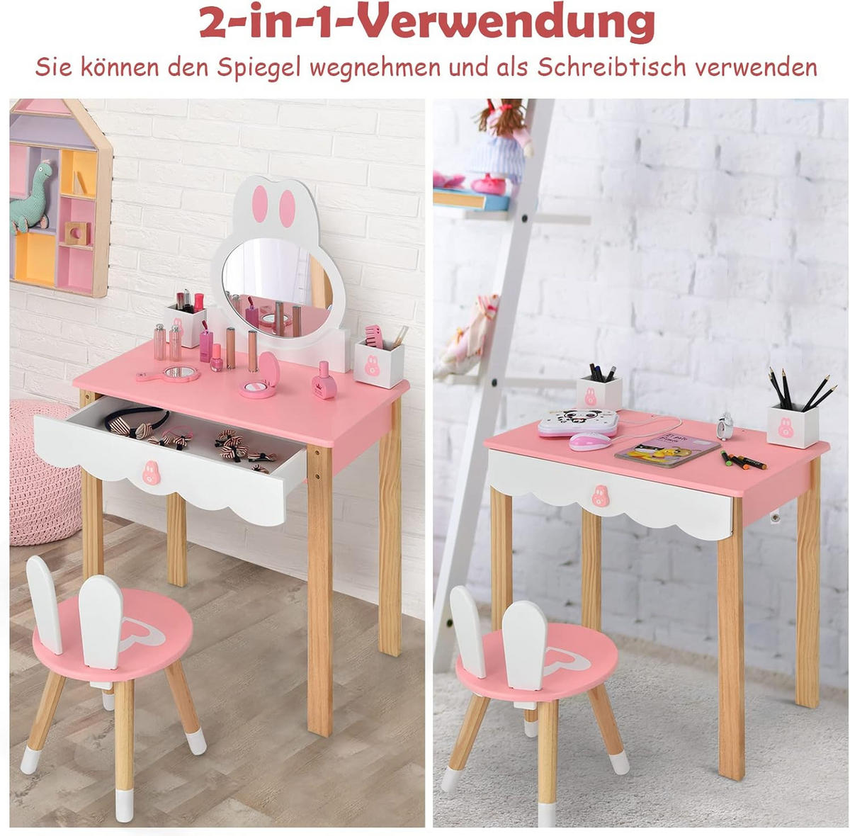 KINDER SCHMINKTISCH mit Hocker Pink - Pink, Holz (34/103/60cm) - COSTWAY