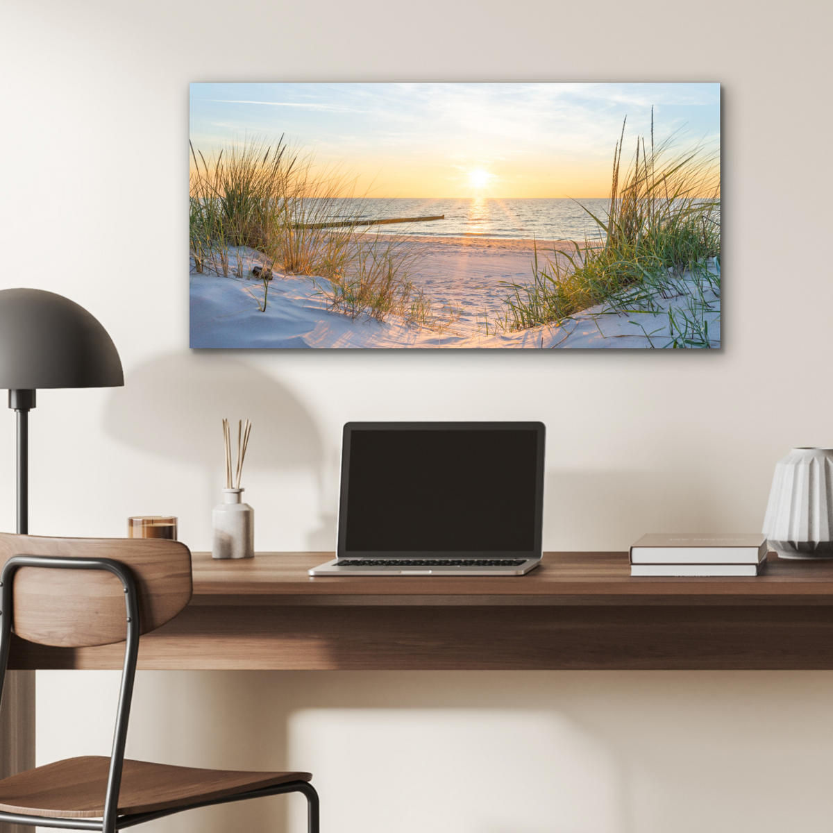 KOVOVÝ OBRAZ Pláž - Slnko - Duny - Tráva - Piesok - Horizont 80x40 cm - svetlomodrá, kov (80/40cm) - MuchoWow