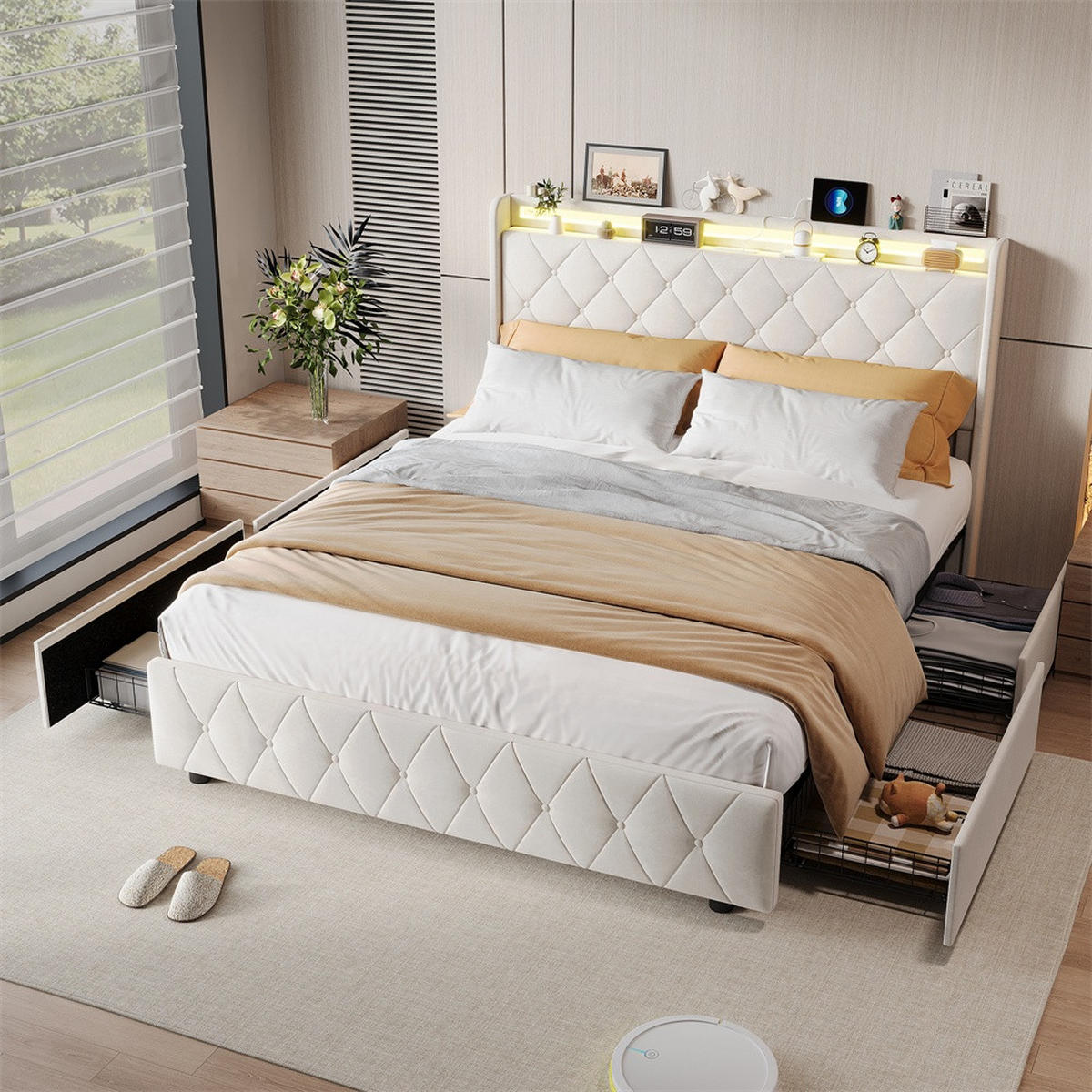 POLSTERBETT 140x200 cm mit 4 Schubladen & LED-Beleuchtung - USB-Anschlüsse - ohne Matratze - Beige - Beige, Textil (140/200cm) - DELFA
