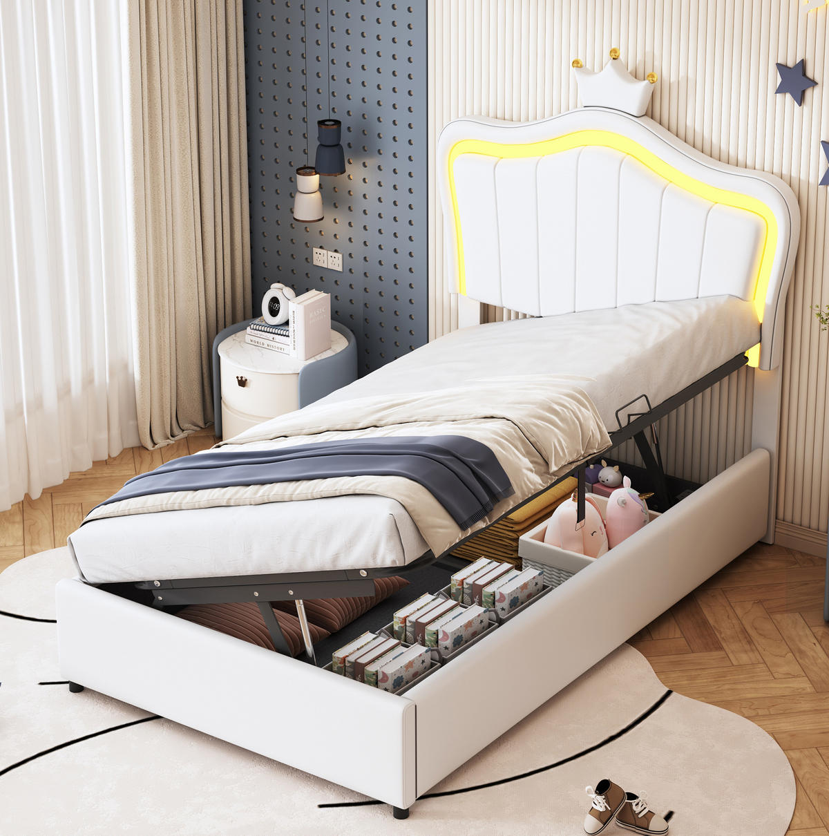 POLSTERBETT 90/200 cm mit Bettkasten und LED-Beleuchtung, Kunstleder Weiß - Weiß, Holzwerkstoff (90/200cm) - BEAOK