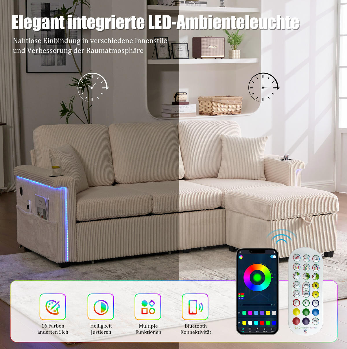 SOFA Corduroy mit LED und USB-Anschluss Stauraumschubladen auf Rollen 194/73/81 cm Beige - Beige, Textil (73/194cm) - Redom