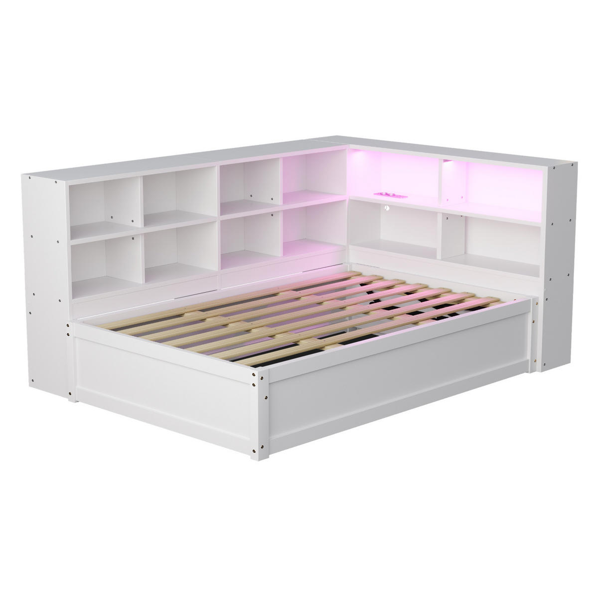 BETT aus Kiefernholz 90x200 cm Weiß mit LED-Beleuchtung, Steckdose, Stauraum und hydraulischer Funktion - Weiß, Holzwerkstoff (90/200cm) - Modfu