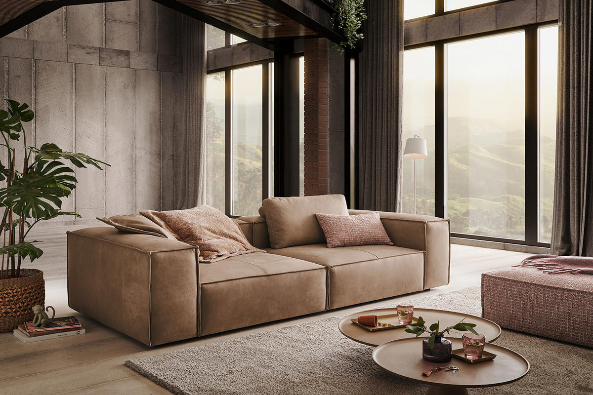 SOFA CARMO Taupe Leder - Taupe/Schwarz, Leder/Kunststoff (266/68/118cm) - KAWOLA