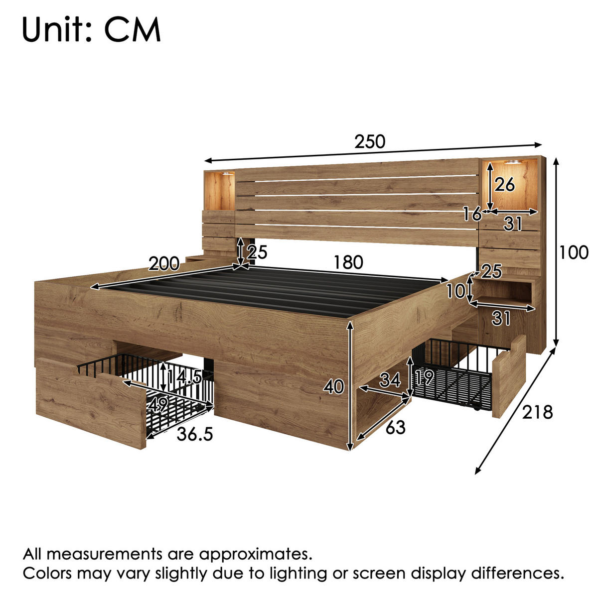 MANŽELSKÁ posteľ 180/200 cm dubová s LED osvetlením, USB a USB-C portmi, nočnými stolíkmi a úložným priestorom z MDF a kovu - farba duba, kompozitné drevo (180/200cm) - OKWISH