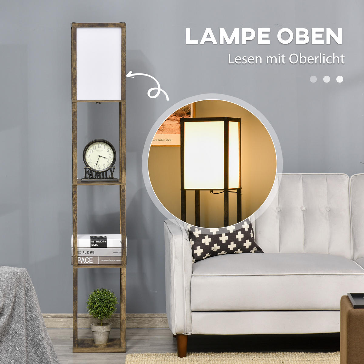 STEHLAMPE mit Regalen, Wohnzimmer Stehleuchte E27 bis 40W, Nachttischlampe - Braun, Textil (26/26/160cm) - HOMCOM
