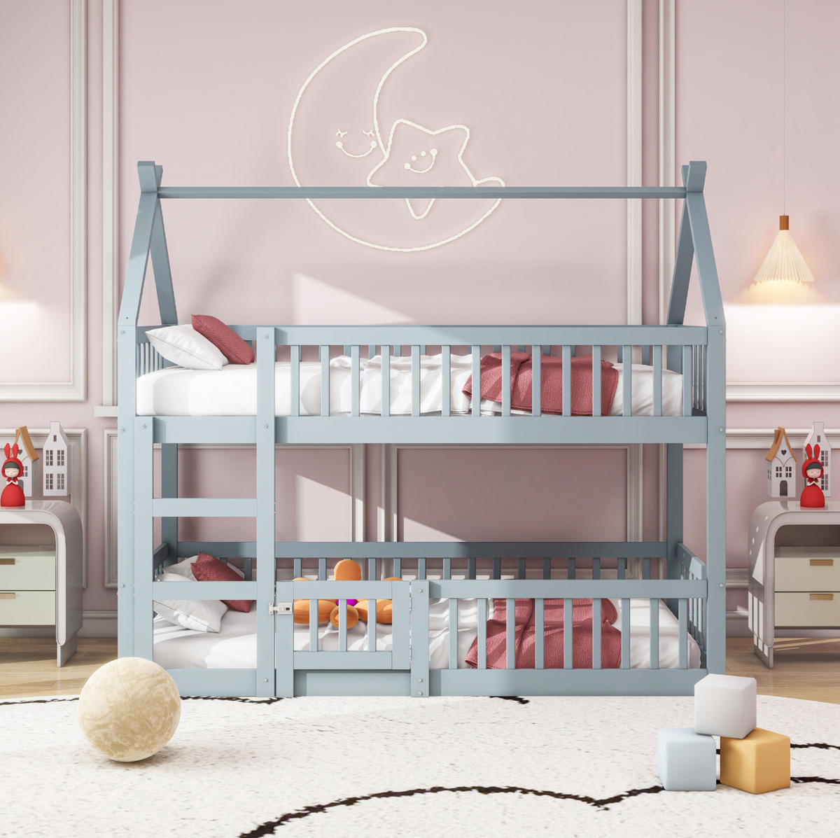ETAGENBETT 90/200 cm mit Treppe, hoher Umrandung und Tür, Grau - Grau, Holzwerkstoff (90/200cm) - Redom