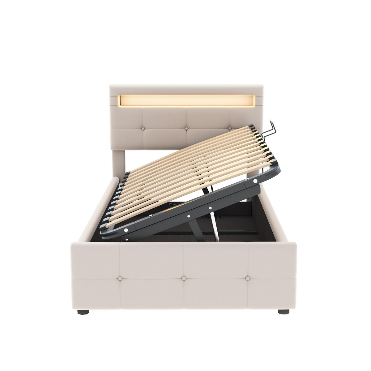 POLSTERBETT 90/200 cm beige mit LED-Beleuchtung und hydraulischem Stauraum - Beige, Textil (90/200cm) - OKWISH