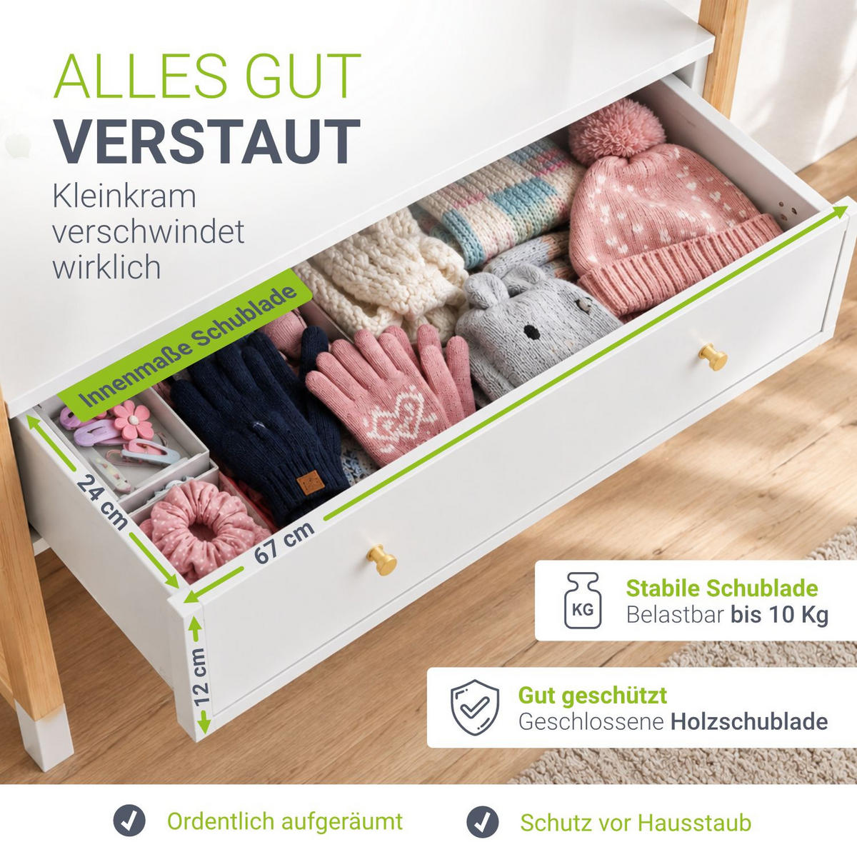 KLEIDERSTÄNDER Filla mit großer Schublade - Weiß, Holz (30/30/80cm) - Juskys